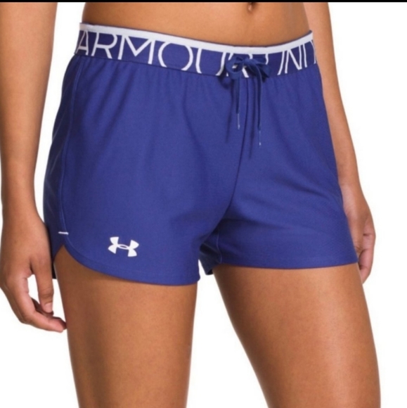 Under Armour Women's 3" Play Up Shorts Blue with Logo Waistband Size M - Picture 9 of 9